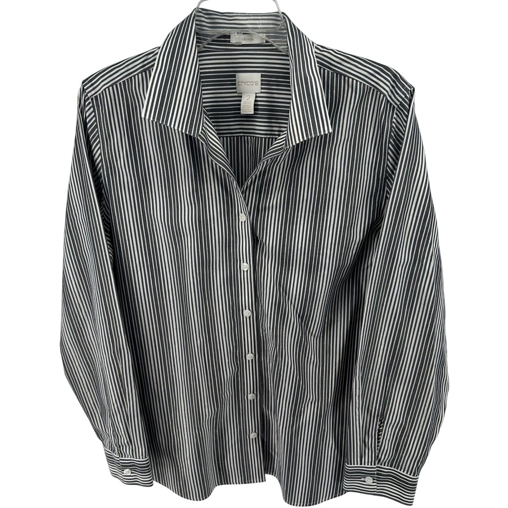 Chicos Non-Iron Striped Button Down Shirt Black‎ White Gold Metallic Womens Sz 2